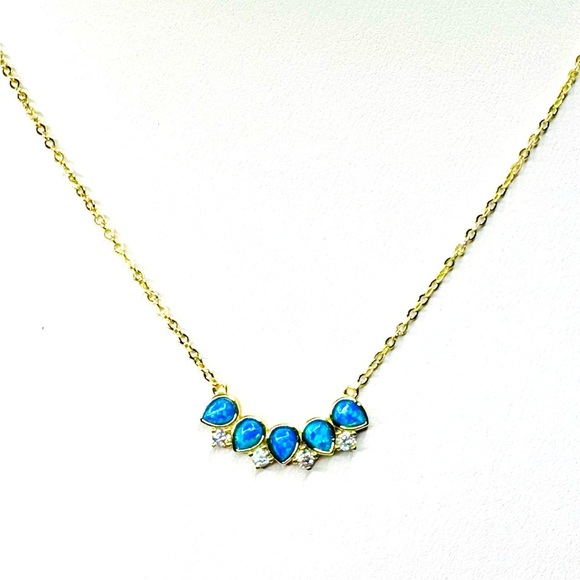 Chic 18K Gold Necklace with Blue Opal Stones and Crystal Accents - Picture 1 of 4